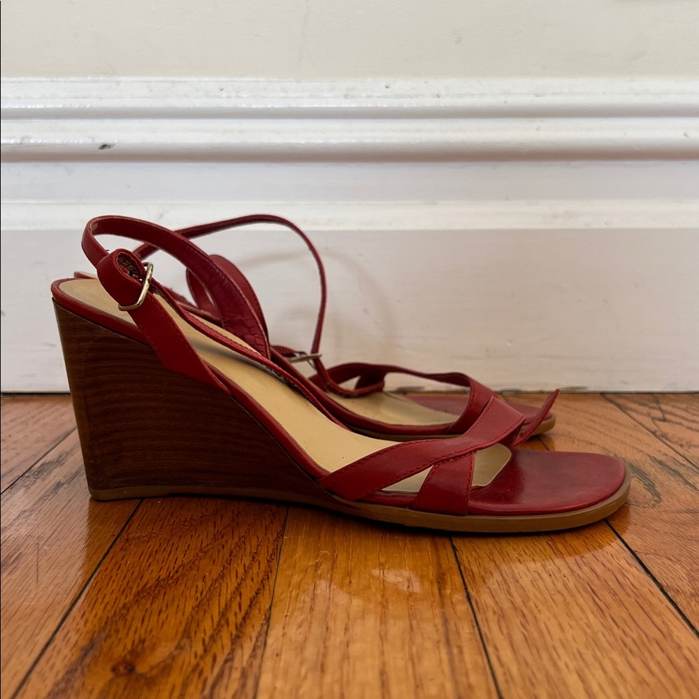 Elegant Red Brazilian Leather Wedge Sandals with criss cross straps